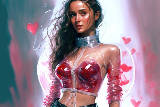 A beautiful woman in a clear PVC jacket and a red cropped top on a background with hearts, generative ai