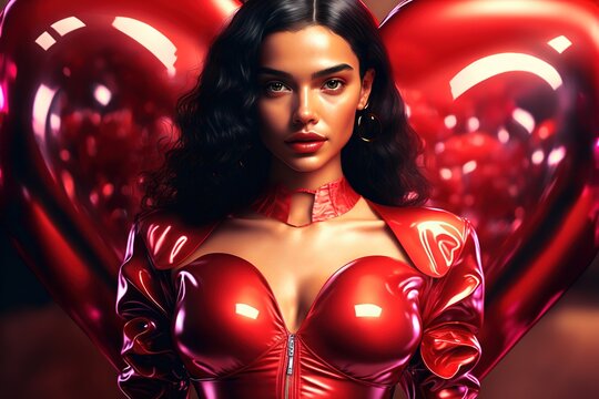 A beautiful model woman with black hair wearing a red jacket against on a heart-shaped background, generative ai