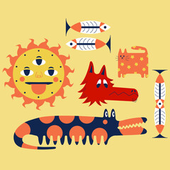 Set of cartoon retro psychedelic characters in folk style, hand drawn, doddle illustrations set, dragon, dog, wolf, sun, fish, cat
