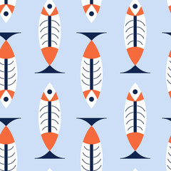 seamless pattern with fish, fish skeleton illustration, hand drawn, doodle, folk style, retro pattern, retro illustration