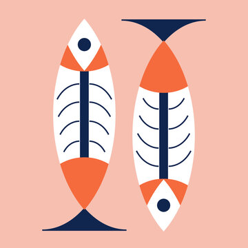Retro fish illustration, fish sceleton illustration, hand drawn, doodle, folk style