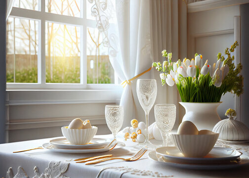 Beautiful Easter table setting with festive decor indoors. AI Generated