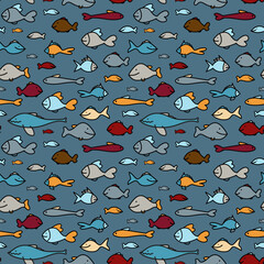 Funny colorful fish in the ocean. Underwater life in the sea. Seamless vector pattern.