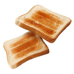 Flying toasted bread pieces, isolated on white background