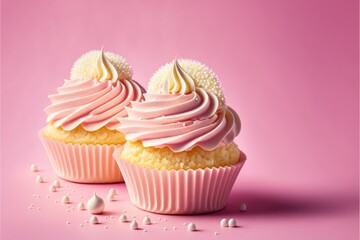 Delicious cupcakes on pink background, Space for text. Generative AI