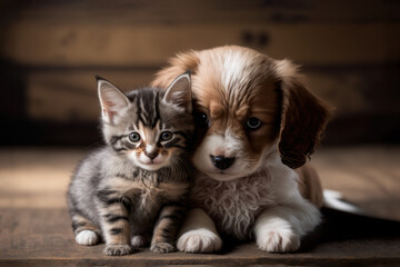 Fototapeta na wymiar Lovable puppy and kitty. Close-up, indoors. Warm colors background. Concept of love and terness. Generative AI