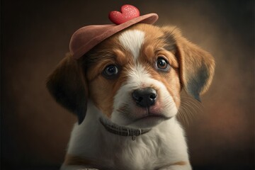 Lovable puppy with heart shaped funny hat . Close-up, indoors. Color background. Concept of love and terness. Generative AI