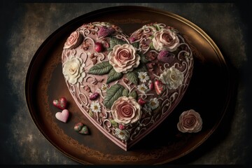Obraz na płótnie Canvas Homemade Heart shaped cake. Valentines day food. Generative AI