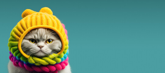 Chat capuche tricotée multicolore. Vêtement de mode pour animaux. Chat avec tour de cou arc-en-ciel. Generative AI