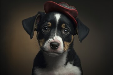 Lovable puppy with heart shaped funny hat . Close-up, indoors. Color background. Concept of love and terness. Generative AI