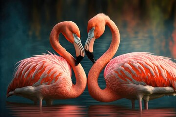 Decorated with couple of pink flamingo birds making a heart with their heads. Image to use as Valentine card. Generative AI