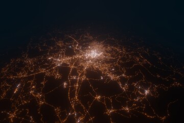 Aerial view on Pristina (Kosovo) from south. Satellite view on modern city at night