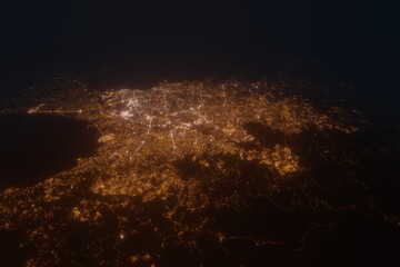 Aerial view on Quezon City (Philippines) from east. Top view on modern city at night from satellite
