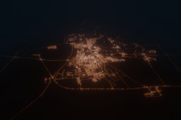 Aerial view on Hofuf (Saudi Arabia) from south. Top view on modern city at night from satellite