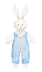 Cute white Bunny Toy watercolor illustration in blue cloth. Hand drawn drawing for kid leisure game. Sketch for Baby shower greeting cards or invitations on isolated background. Rabbit or hare.