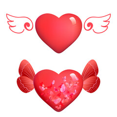 Set from a set of beautiful red hearts with wings for holidays, love greetings, postcards