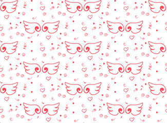 Romantic background with the image of stylized wings, hearts, swirls, for a wrapper, wallpaper, fabric, textile