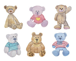 Set of Bear Toys - Watercolor Drawing - Vector