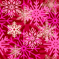 seamless asymmetric pattern of colorful snowflakes on a pink background, texture, design