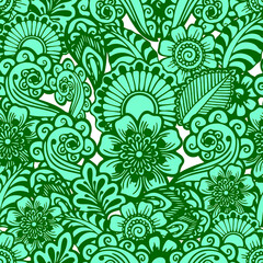 seamless floral yellow green pattern of stylized elements with green outline, texture, design