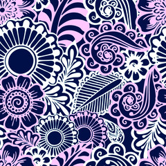 seamless floral graphic pattern of stylized white and pink elements on a blue background, texture, design