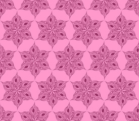 seamless symmetrical pattern of abstract magenta graphic elements on a pink background, texture, design
