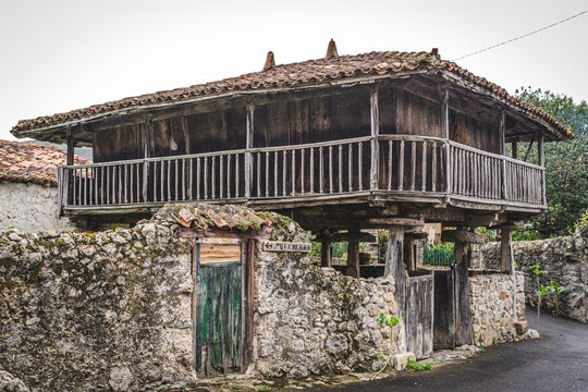 View of an Asturian granary called Horreo, in the village of Posada de LLanes