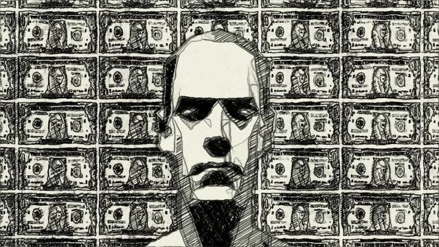Low poly head against dollar background hand draw animation