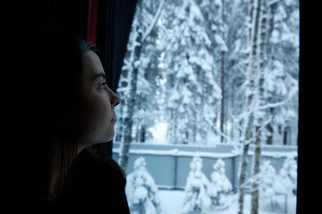 Lady in a cottage against the background of a winter forest