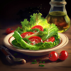 Lettuce escarole and tomato salad with a drizzle of olive. Generative AI. 3 - obrazy, fototapety, plakaty