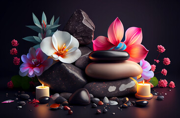 Spa cosmetics flowers and stones beautiful concept. Generative AI,