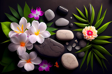 Obraz na płótnie Canvas Spa cosmetics flowers and stones beautiful concept. Generative AI,