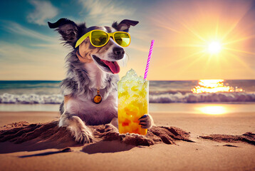 Dog on the beach with a cocktail. Generative AI, - obrazy, fototapety, plakaty