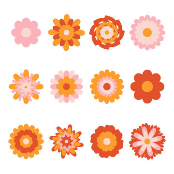Groovy flower cartoon characters. Funny happy daisy with eyes and smile. Sticker pack in trendy retro trippy style. Isolated vector illustration. Hippie 60s, 70s style.
