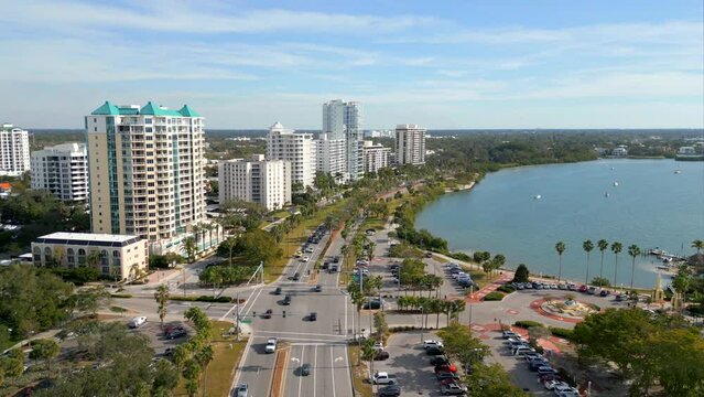 Aerial video condominiums on Gulfstream Avenue Sarasota Florida USA
