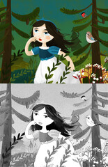 cartoon scene with princess in the forest alone illustration