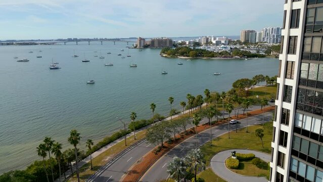 Aerial reveal Bayfront drive Sarasota Florida