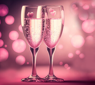 Two glasses of champagne sparkling wine, bubble gum pink with shinny bright bokeh. Valentines day, New Years, wedding, birthday, party celebrations. Generative ai image.