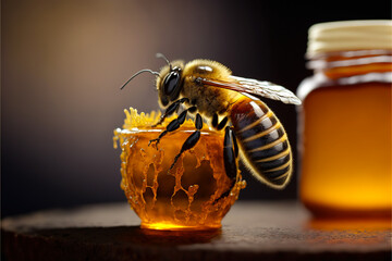 Fototapeta Bee with a jar of honey close-up, macro, generative ai obraz