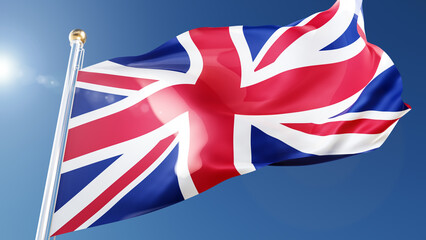 United Kingdom flag waving in the wind against a blue sky. uk national symbol on flagpole, 3d rendering