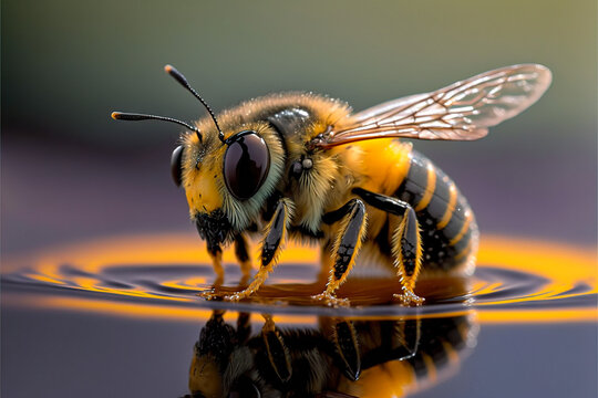 Bee and water close-up, macro, generative ai