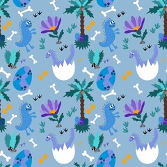 Cartoon animals seamless dinosaur monsters dragon eggs pattern for wrapping paper and kids clothes print