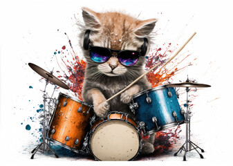 cat drummer playing the drum - obrazy, fototapety, plakaty