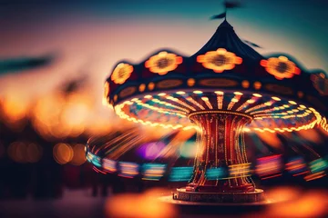 Fotobehang blur defocused illustration of amusement park at evening, carousel spinning with full fun. Generative AI © artem