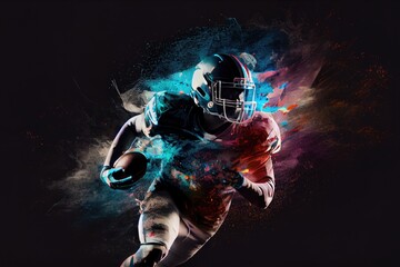colourful multi exposure illustration of american football player with helmet, generative ai