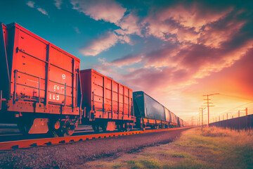 Güterzug auf Schienen im Sonnenuntergang - Generative Ai - obrazy, fototapety, plakaty