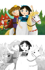 cartoon prince and princess on the horse in the forest illustration