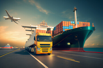 Internationaler Transport und Logistik von Container, Frachtflugzeug, Frachtschiff und Lastwagen - Generative Ai