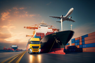 Internationaler Transport und Logistik von Container, Frachtflugzeug, Frachtschiff und Lastwagen - Generative Ai - obrazy, fototapety, plakaty