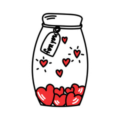 Jar with Hearts. Valentine hearts romantic vector hand drawn illustration